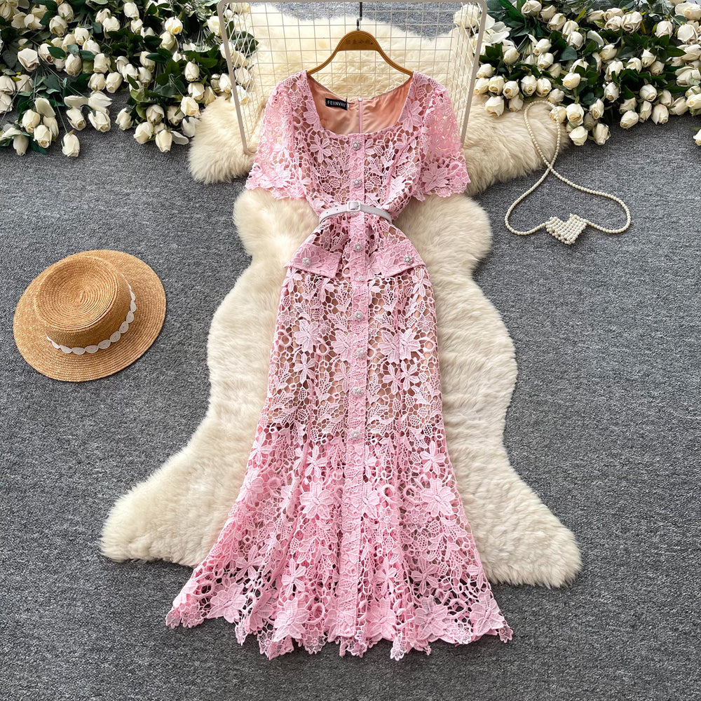 Frenchaccessible luxury heavy industry lacecut outdress women's summerk-style pink waist slimming lookwork clothingelegancelong skirt