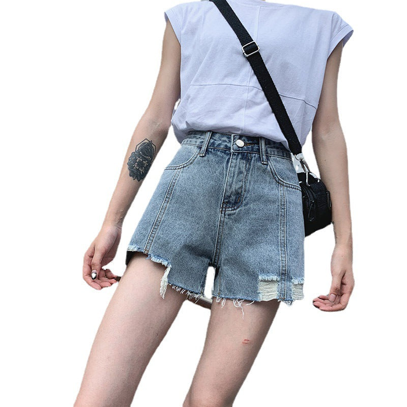 Bearded denim shorts for women new arrivalk-stylework clothingfashion ripped bearded washed high waistlooseloose pants
