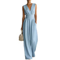 cross-border european and american women's clothing: new summer fashion, elegant commute style, solid color, cinched waist, wide leg jumpsuit