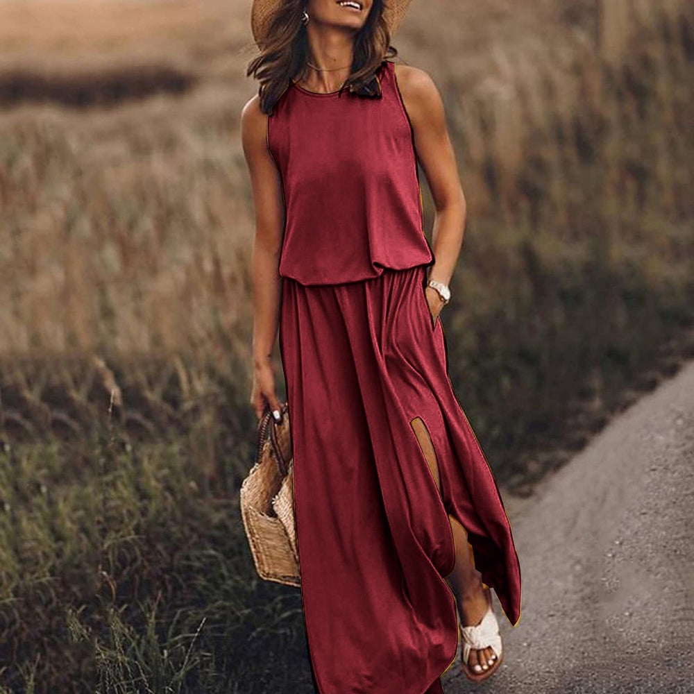 summer new arrivals: cross-border  fashion - european & american style women's sleeveless crew neck dress with slit, available in multiple solid colors