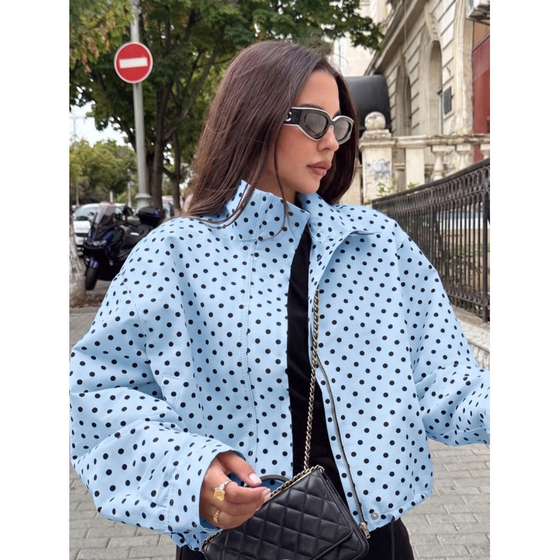 fashion:  autumn new arrivals - chic polka dot print, relaxed fit, zip-up jacket for women (us/eu)