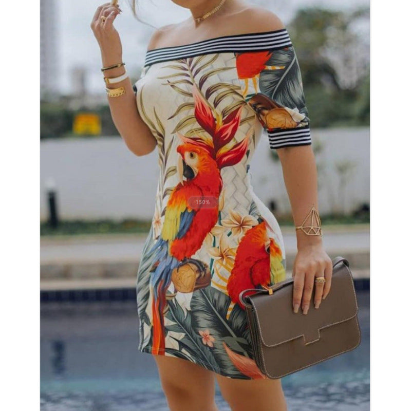 new arrival: hot-selling women's off-the-shoulder printed bodycon sexy dress for cross-border e-commerce ()