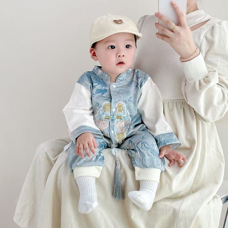 Baby boy full month, 100-day, and first birthday outfit - romper, baby spring/autumn double-layer long-sleeve chinese style romper
