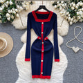 Frenchclassy small fragrant fashionablecontrast color square collar pearl button silmdress women's waist bag hip knitting skirt