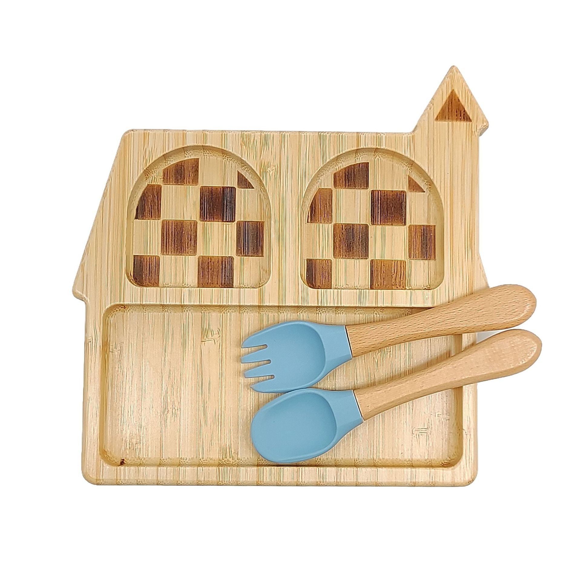 Bamboo plate set, food grade silicone fork and spoon wooden plate baby creative animal tableware set