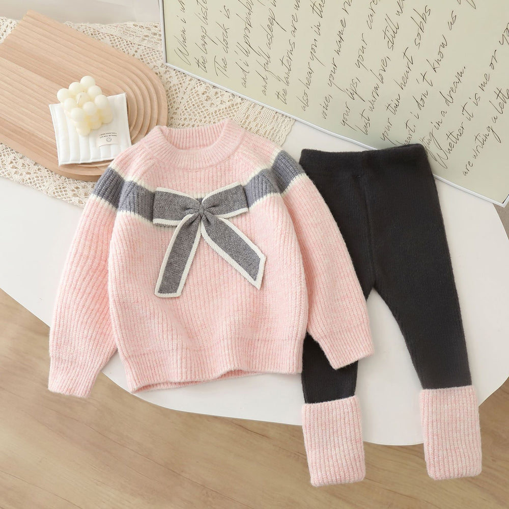 Girls' knit sweater and leggings set - new autumn/winter  collection - baby girl bowknot crewneck sweater and leggings outfit