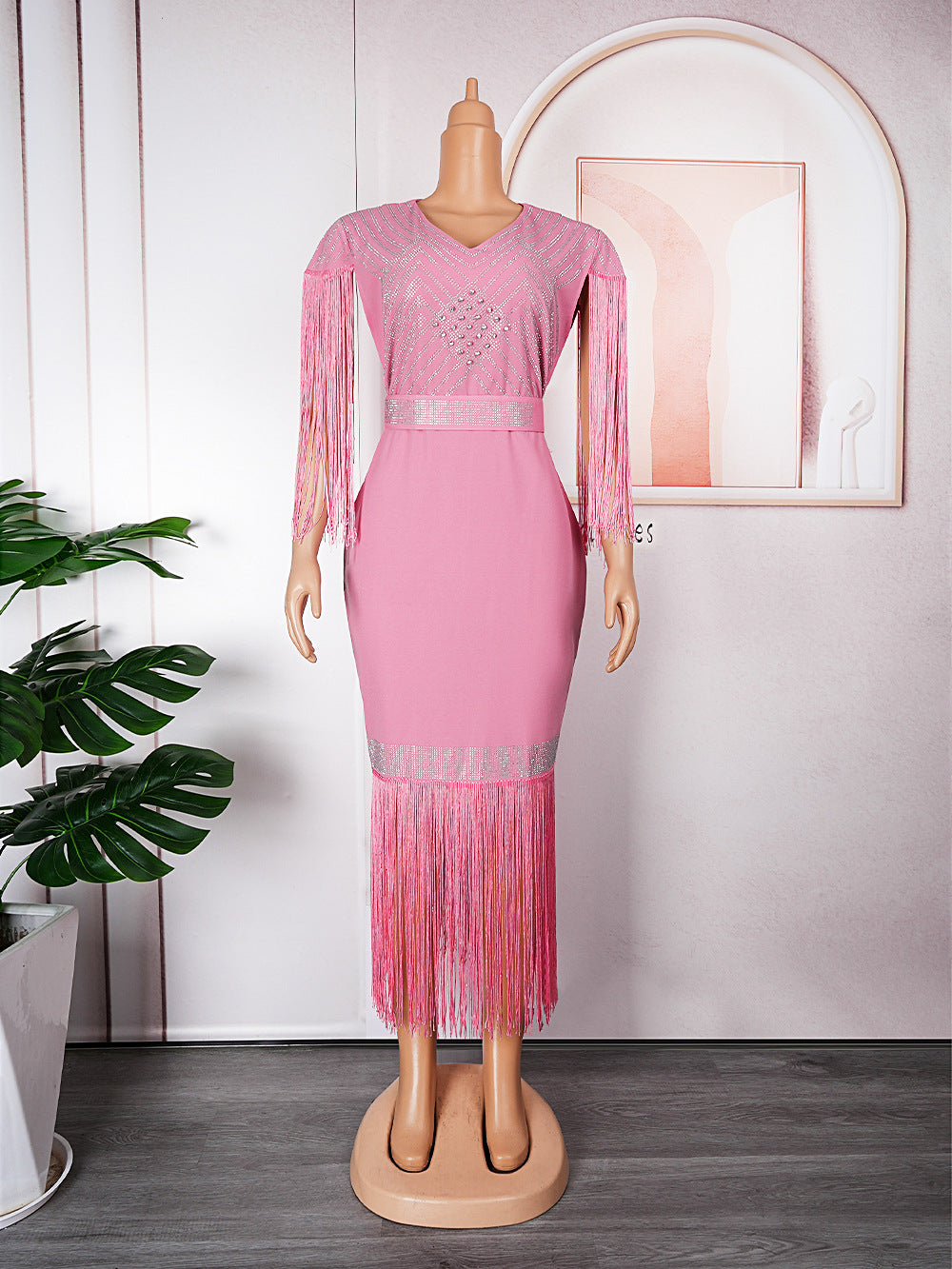 new european and american plus size women's clothing for cross-border e-commerce: african-style rhinestone and tassel dress for  and