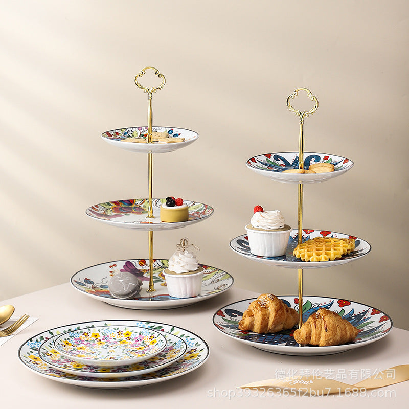 Wholesale nordic creative ceramic dessert plate round multi-tiered skewer plate fruit plate household personalized decal plate