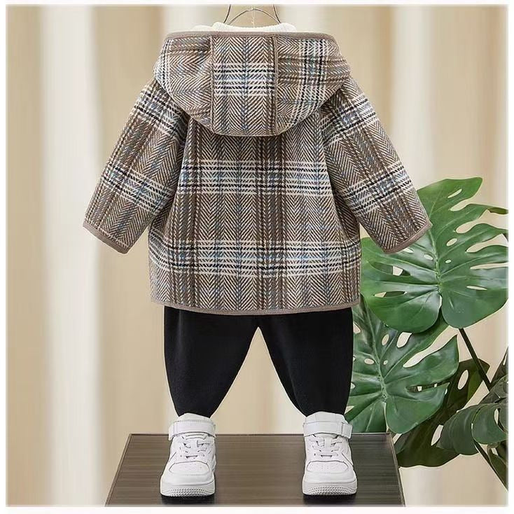 Kids' winter wool coat: stylish boys' mid-length woolen overcoat with fleece lining for toddlers and young children