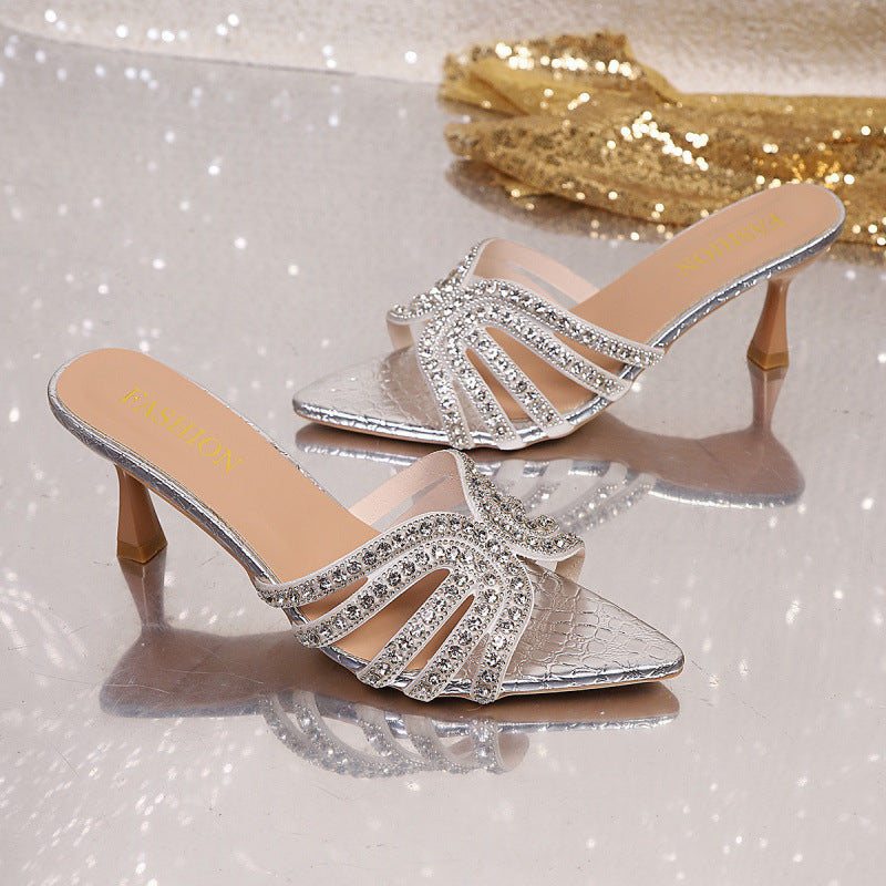 Pointed-toe rhinestone sandals - women's 2026 summer new arrival, hollow-out stiletto heel slippers, feminine & elegant princess heel mules