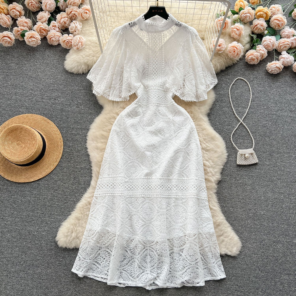 European style gold embroidered lace dress - women's summer a-line dress with delicate cutouts, ruffle sleeves, and a touch of luxury
