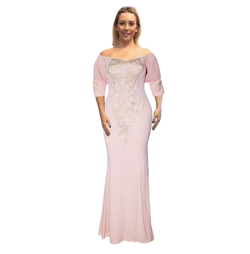supply of women's clothing, african clothing, plus size clothing,  puff sleeves, hot diamond beads, one-line collar silmdress