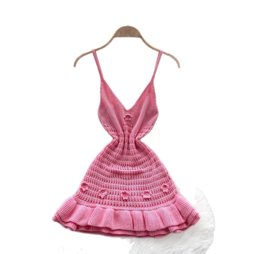 Pure desire sexy hot girl suspender hip skirt summer design sense stereo flower waist ruffles knittingdress