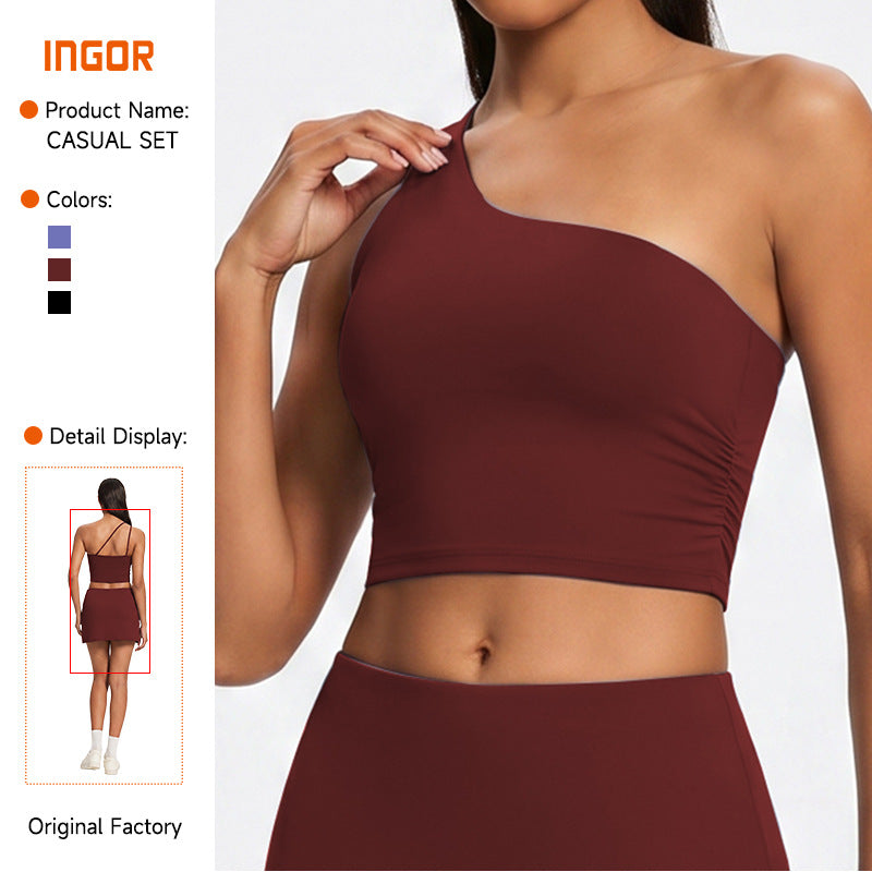 fashion one shoulder yoga vest with breast pad running sports fitness vest women's nude yoga clothes tops