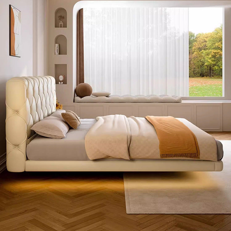 Foshan source factory genuine leather bed master bedroom classyelegant double soft leather bed cream style buckle suspended bed