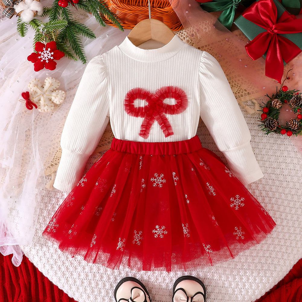 new european and american christmas top with puff sleeves + mesh skirt bow set - hot selling direct from the factory