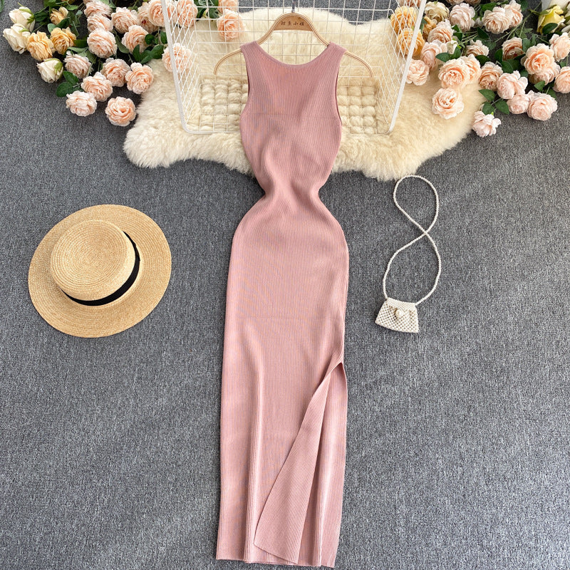 European and american style ins women's summer new sexy twist knot cleavage-enhancing hollow-out fashion two-way knitted dress