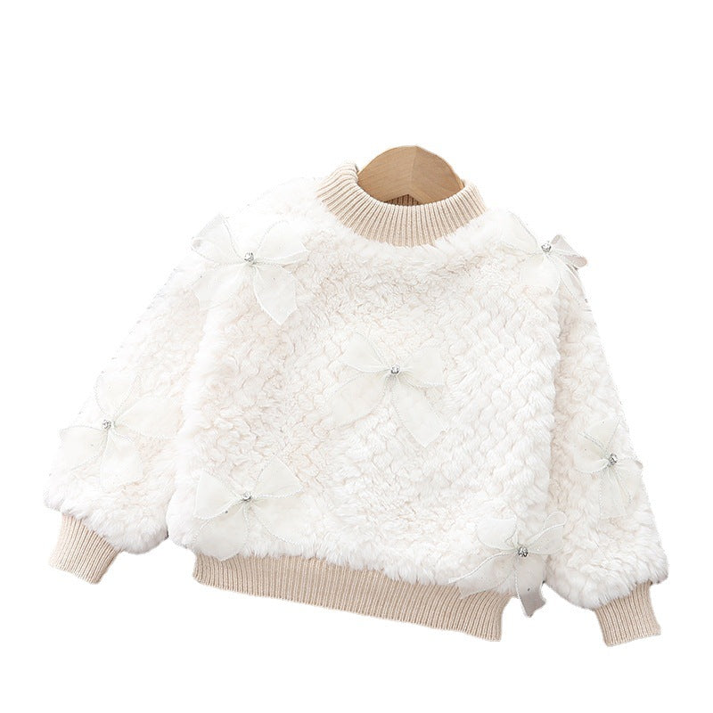 Girl pulloverfleece-linedthickenedheattechwinternew arrivalk-style round neck imitation fur babytops inner wear