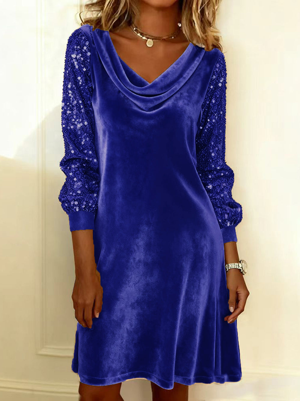new european and american  cross-border women's velvet sequin patchwork long sleeve fashionable sexy elegant dress