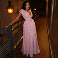 European and american style cross-border sweet & fresh women's printed elegant a-line dress with ruched v-neck and chic puff sleeves