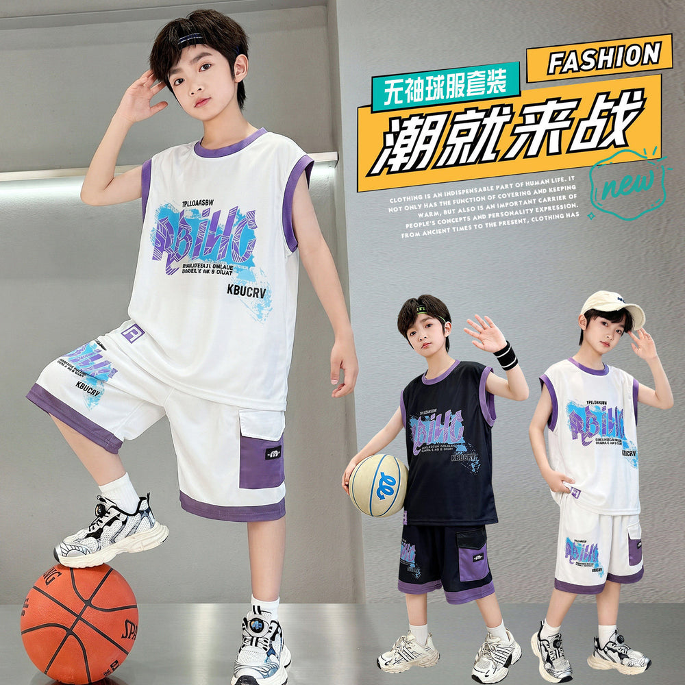 Boys'  summer new sleeveless tank top and waffle knit shorts set - trendy two-piece casual outfit for mid-to-large children