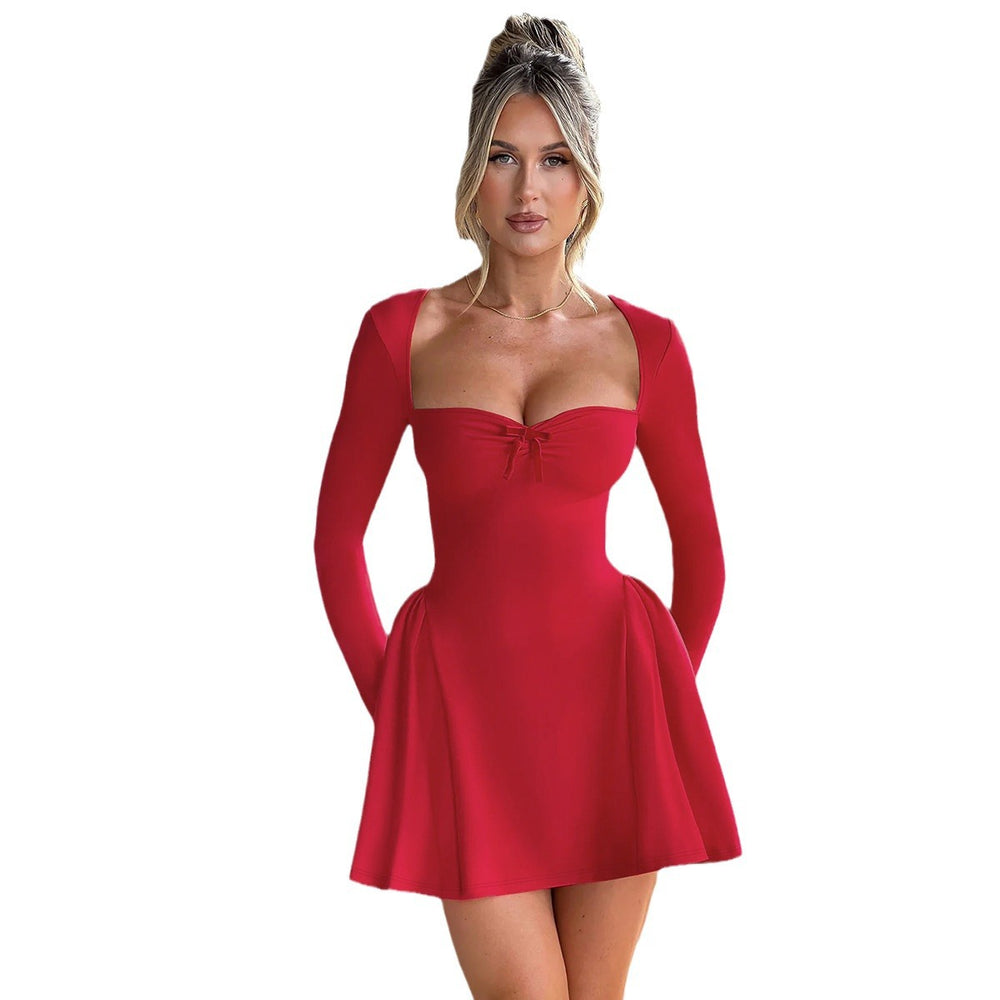 new autumn european and american cross-border women's sexy solid color long sleeve bandeau bodycon a-line mini dress
