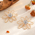 European and american retro irregular hollow flower diamond-studded earrings, statement design fashion gold volcanic lava line stud earrings