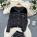 Xiaoxiangfengtwo-piece set women's autum fashionablecontrast colorstripes round neck long sleevesknittingtopshigh waist skirt