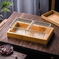 Two-compartment fruit platter with gold trim and water ripple design + wooden tray, thickened plastic