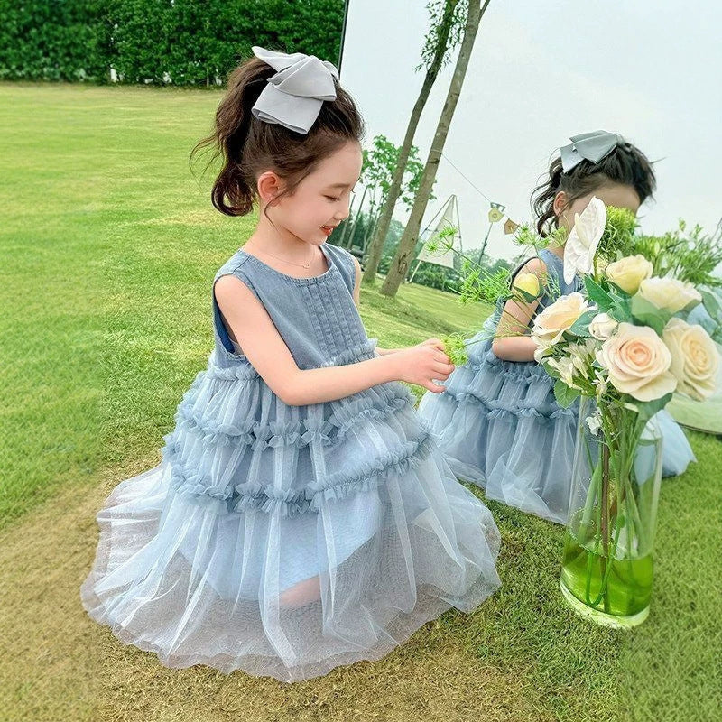 Girls' summer denim & mesh patchwork dress - sleeveless tank top style cake tutu dress for kids