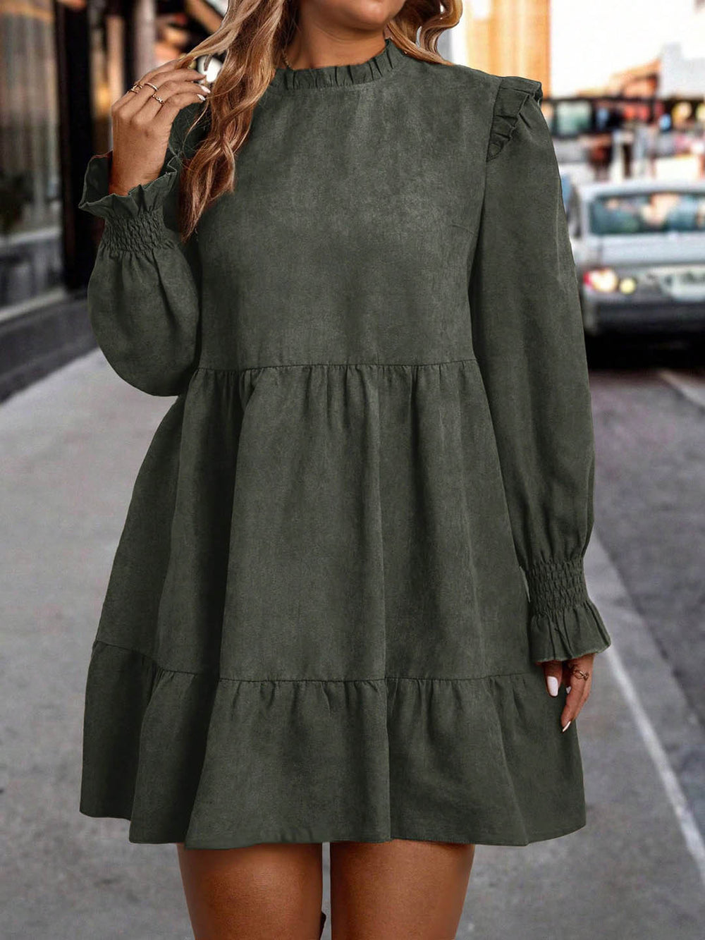 retro texture plus size doll skirt with fungus edge round neck lantern long sleeves looseeasiest for match