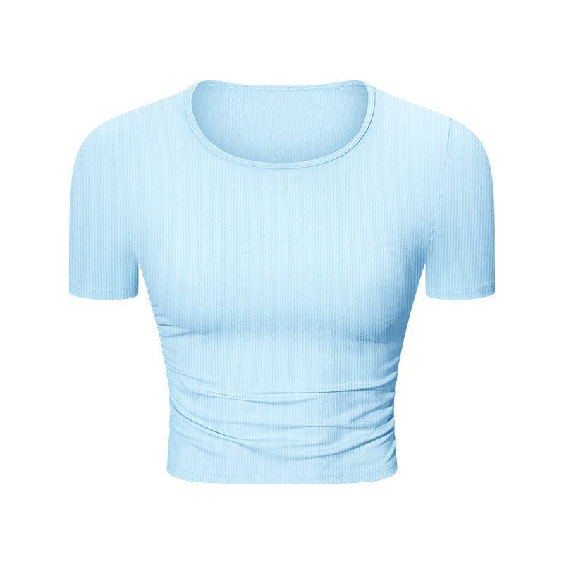 Spr ribbed micro-pleated waist short sports short-sleeved high-elastic naked-slim silmslimming look yoga topsds374