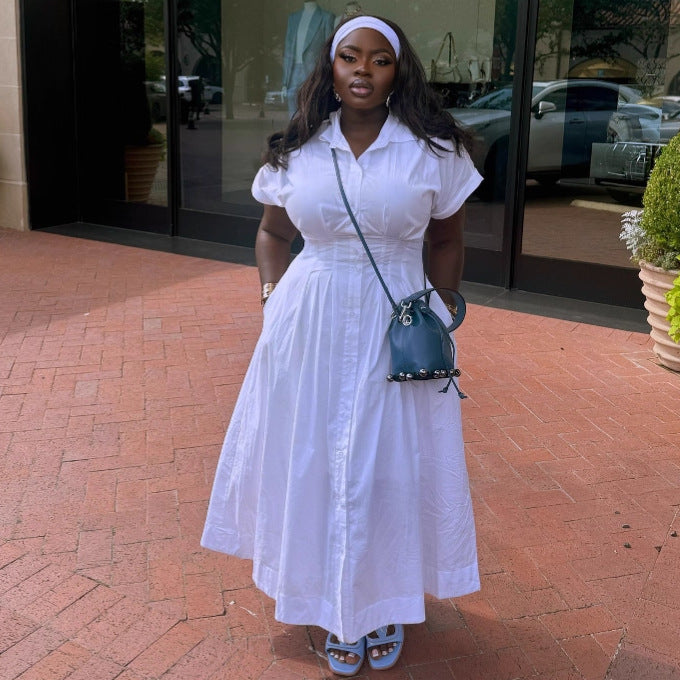 European and American large size solid color lapel short-sleeved cardigan dress women's African high waist temperament thin fashion women's dress