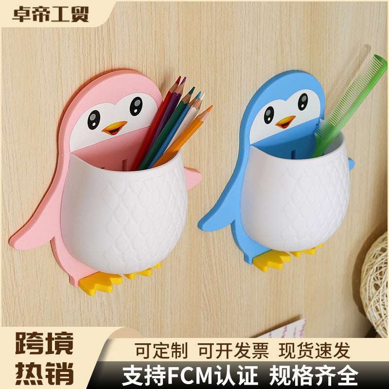 Creative penguin toothbrush holder makeup organizer dorm bathroom toothpaste bedside phone wall mount storage