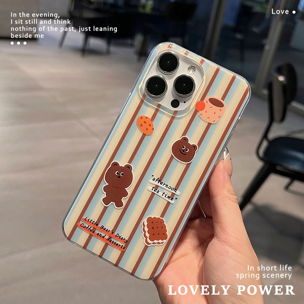 Classic striped apple 17 pro max phone case, iphone 16 creative coffee bear trendy phone case