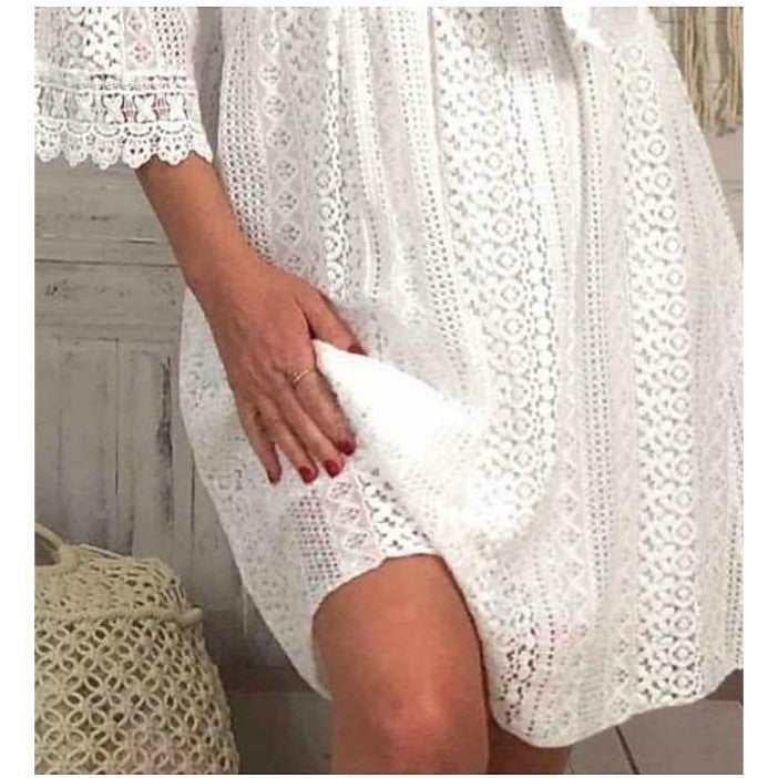 european and american  spring new arrivals: european and american export v-neck hollow-out lace flared sleeve dress