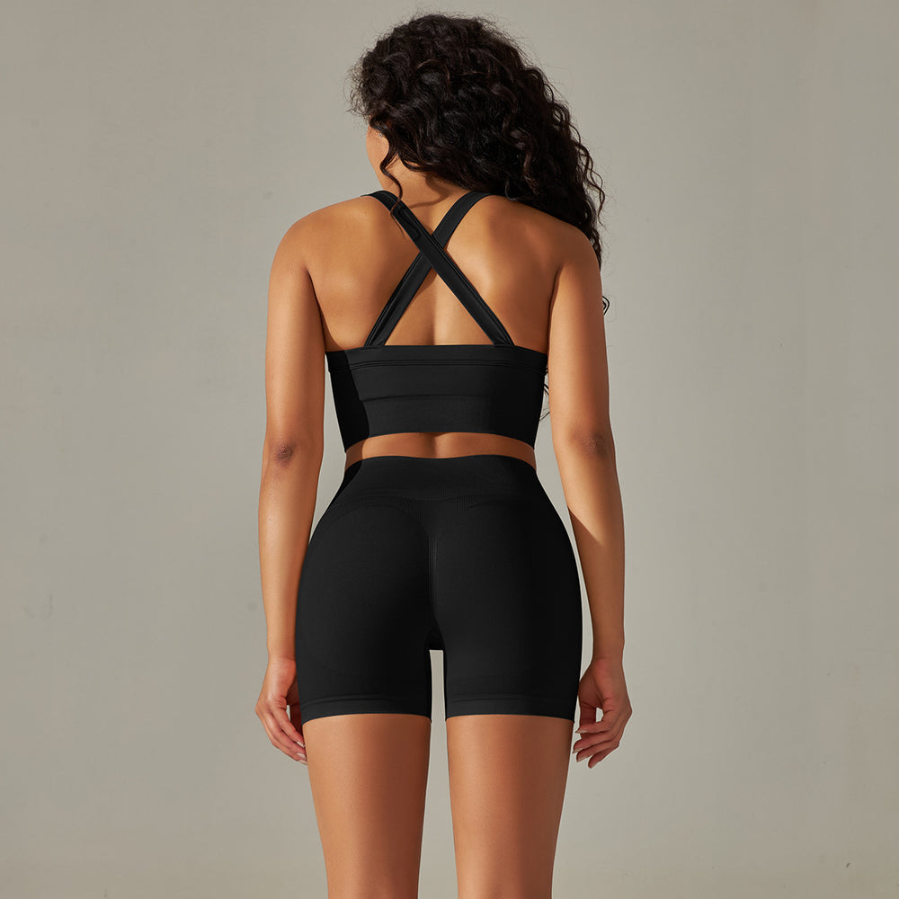 New arrival cross-border fashion seamless back cross double shoulder strap sports vest bra suit running fitness yoga pants
