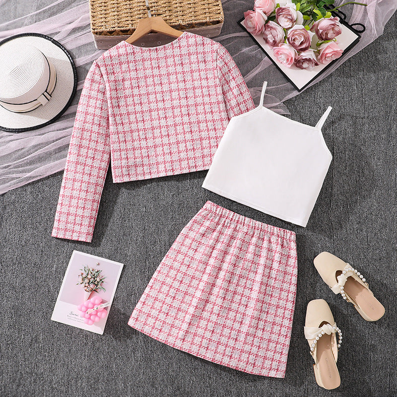european and american girls' outfit: long-sleeved chanel-style jacket + solid color vest + plaid midi skirt three-piece set