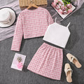 european and american girls' outfit: long-sleeved chanel-style jacket + solid color vest + plaid midi skirt three-piece set