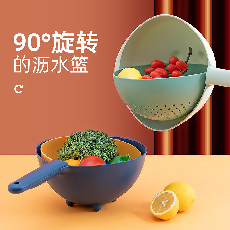 Rotary drain basket Plastic with handle Creative double-layer drain basket Kitchen fruit storage Vegetable basin Drain basket