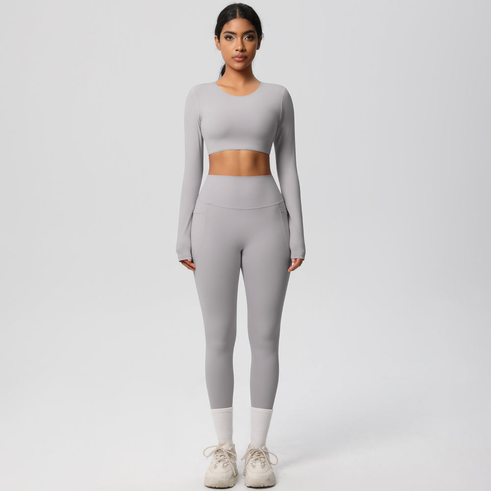 nude feeling tight high waistflap pocket pants crop toplong sleevestops yoga clothes quick-drying running sports fitness suit