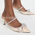 European and american style white label one-piece high-heeled slippers, stiletto heel, bow, rhinestone, cross-border half slippers, pointed toe, one-leg custom