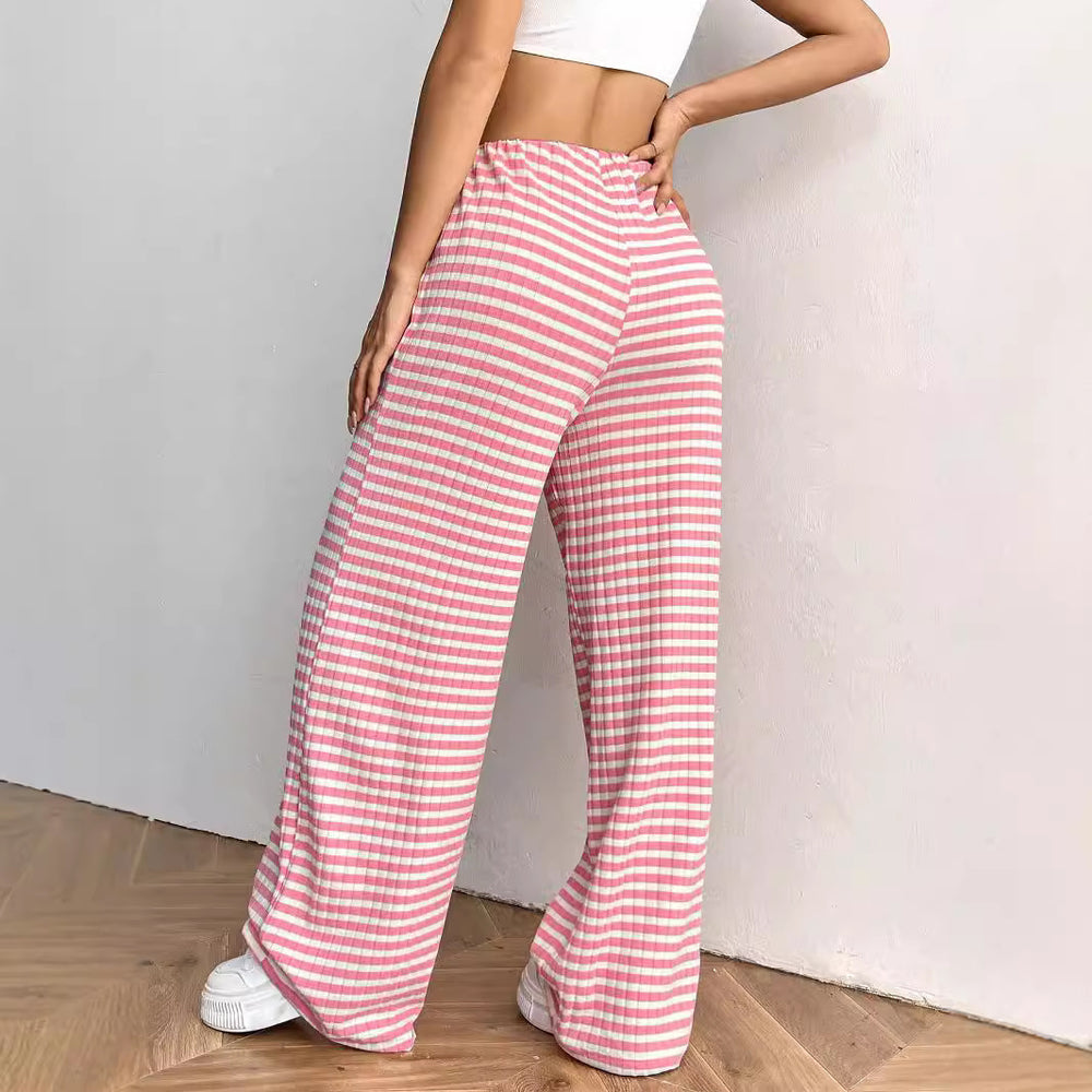 fall/winter  us & european cross-border women's new casual striped solid color elastic drawstring cotton straight-leg pants