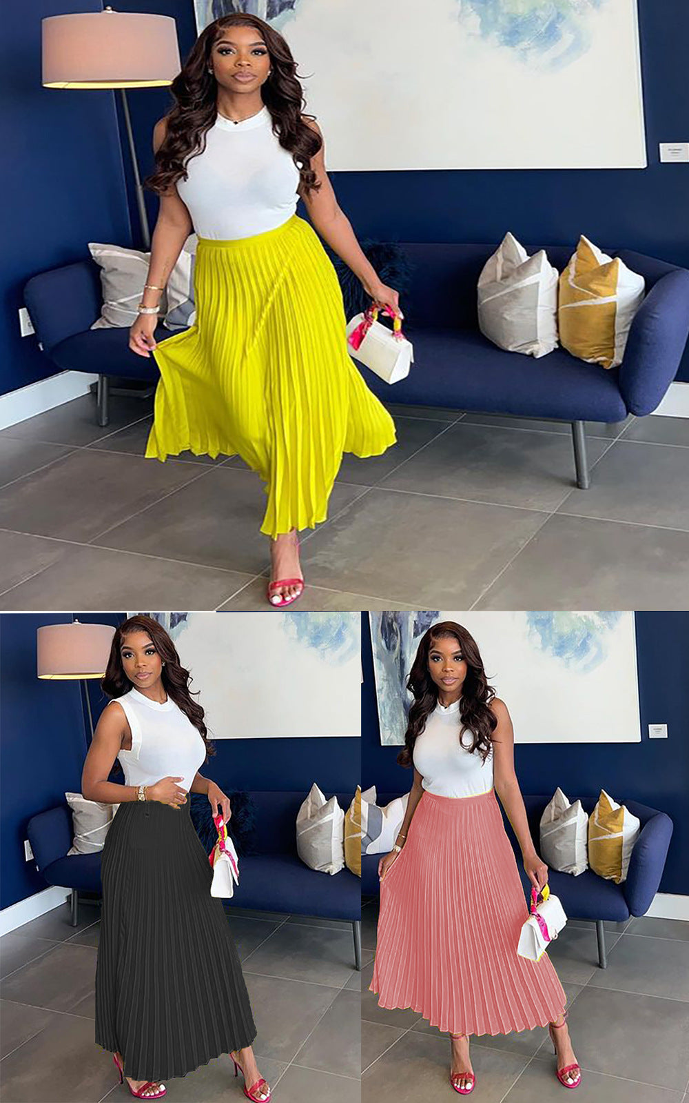 European and american cross-border women's fashion  summer new streetwear casual midi skirt high waist solid color versatile pleated maxi skirt