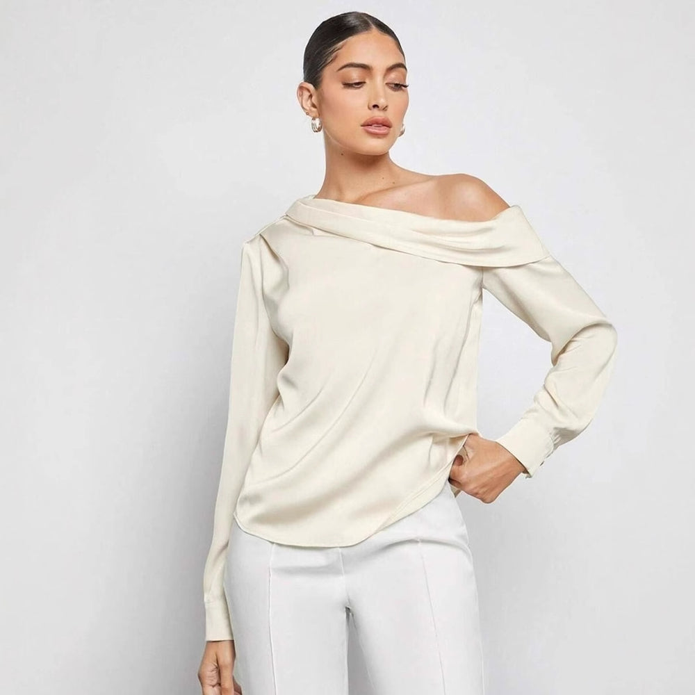 Export cross-border pleated satinshirttops spring and summer fashion  off-shoulder asymmetrical long-sleeved shirt women's clothing