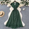 French retro v-neck flutter sleeve fitted waist dress - women's 2025 summer slimming elegant single-breasted floral maxi dress