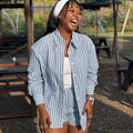 European and american cross-border women's fashion:  autumn new collection - stylish turn-down collar, loose fit, long sleeve striped shirt and high-waisted shorts set