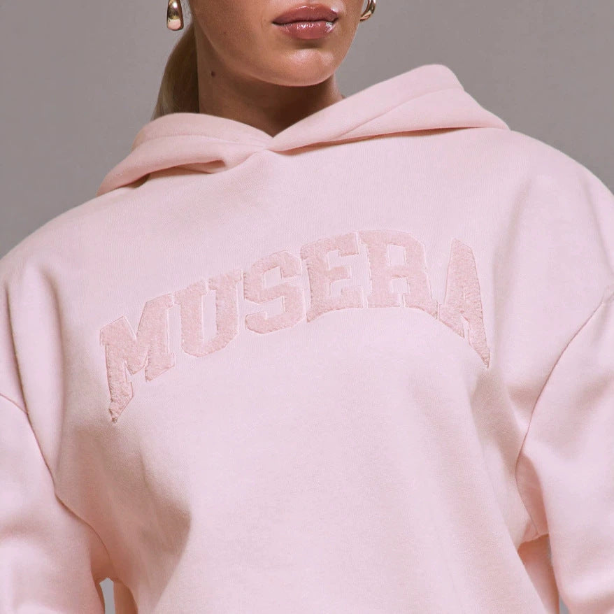 Amazon fashion cross-border  light pink casualcasualsuit same color flocking short hooded sweatshirt