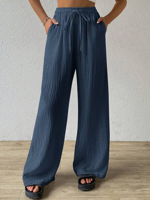 2024 european and american cross-border amazon new fashion women's elegant versatile elastic casual solid color wide leg pants