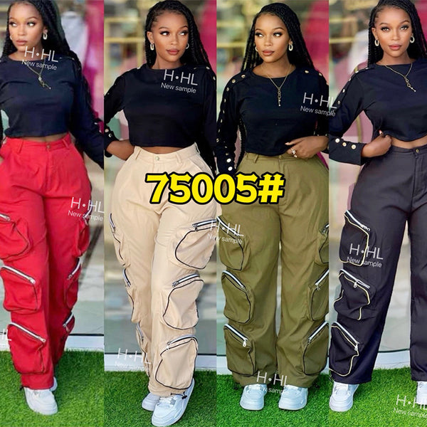 Cross-border Middle East and Africa women's clothing new high-waisted straight multi-pocket pants fashion casual women's suit 75005 #